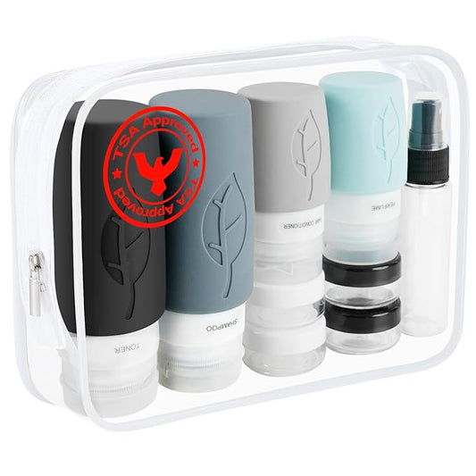 17-Pack Triple-Sealed Unique Leak-Proof Design Premium Silicone Travel Bottles for Toiletries TSA-Approved Transparent Carry Bag Easy-to-Read Labels for Business Trips/Camping/Adventure