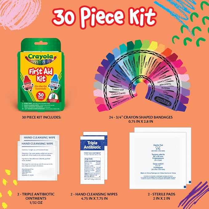 Crayola First Aid Kit, 30 Pieces | First Aid Kit for Kids & Adults, Travel-Friendly Compact for Home, Car, Camping, and Traveling