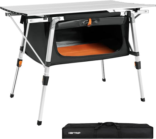 HEYTRIP Folding Camping Table with Storage Bag Roll-Up Aluminum Portable Beach Table Adjustable Height Picnic Table, Grey