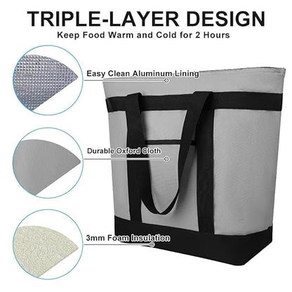 2Pk Insulated Reusable Tote Bag for Grocery Shopping for Women/Men, Pizza/Food Delivery Bag to Keep Food Cold/Hot for Uber Eats/Doordash/Grubub, Cooler bags for Travel/Beach/Picnic, Grey
