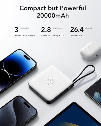 VRURC 20000mAh Portable Charger with Built-in Cables, Travel Essentials, Power Bank PD 20W for iPhone Fast Charging Battery Pack, for iPhone 16 15 14 13 12 11 x Samsung Galaxy Series, White(1 Pack)