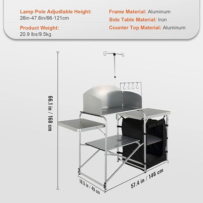 VEVOR Camping Kitchen Table, Aluminum Portable Folding Camp Cook Station with Windscreen, Cupboard, Storage Organizer, Carrying Bag, Quick Installation for Outdoor Picnic Beach BBQ RV Traveling, Black