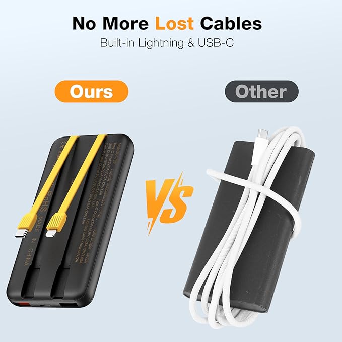 Portable Charger 10000mAh, Cell Phone Portable Power Banks with 22.5W PD Fast Charging,Built in Cables,5 Outputs 3 Inputs,Travel Essential,for iPhone, iPad,Android,Google, and More(Black)
