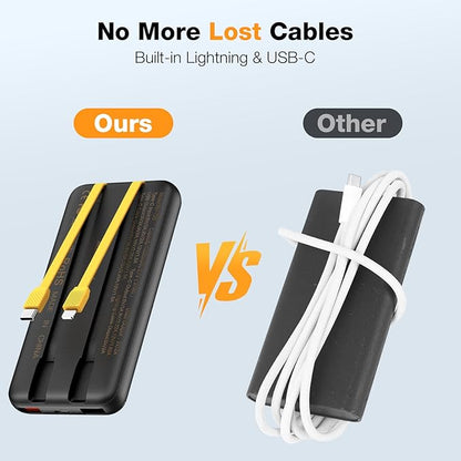 Portable Charger 10000mAh, Cell Phone Portable Power Banks with 22.5W PD Fast Charging,Built in Cables,5 Outputs 3 Inputs,Travel Essential,for iPhone, iPad,Android,Google, and More(Black)