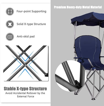GYMAX Camping Chair, Folding Outdoor Lawn Chair with Canopy, Carry Bag & Cup Holder, Portable Heavy Duty Camp Chair for Outside Travel, Picnic, Beach Soccer Chairs