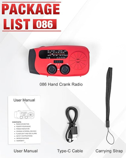 Hand Crank Emergency Radio - 2000mAh/7400mWh AM/FM/NOAA Solar Hand Crank Emergency Radio with 3 LED Flashlights, SOS Function for Emergencies, Camping - Red