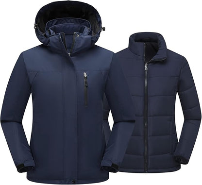 Women's 3 in 1 Ski Jacket Mountain Waterproof Windproof Winter Snow Coat Hike Snowboarding Jackets Hooded Warm Raincoat