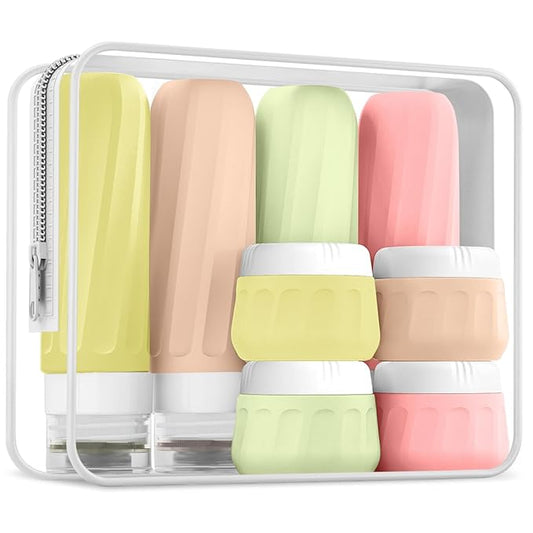 Travel Bottles for Toiletries 8 Pack, Travel Size Toiletries, Tsa Approved Travel Size Containers 3oz, with Travel Essentials Clear Bag, Leak Proof Silicone Squeezable Creams Jars
