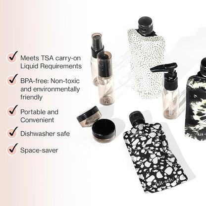 Kitsch 11 PCS Travel Bottles for Toiletries – Travel Essentials Kit for Shampoo, Conditioner, Lotion & More - TSA Approved Travel Bottles, Leak-Proof Refillable Travel Size Containers - Black & Ivory