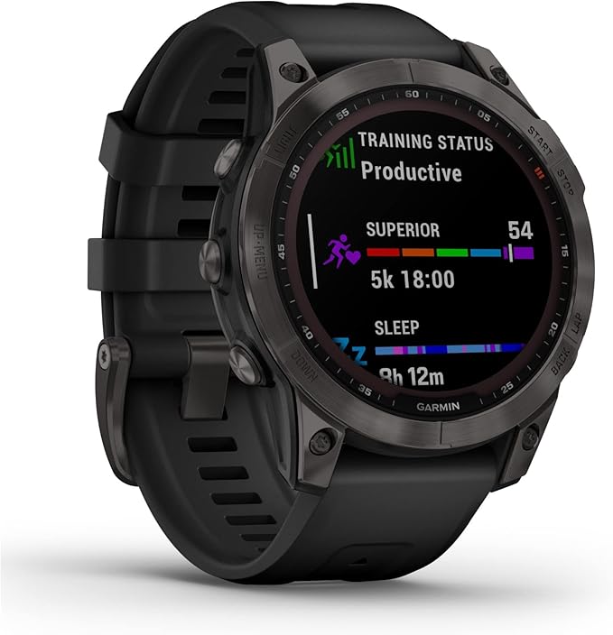 Garmin 010-02540-34 Fenix 7 Sapphire Solar, Adventure smartwatch, Solar Charging Capabilities, Rugged Outdoor GPS Watch, Touchscreen, Health and Wellness Features, Black DLC Titanium with Black Band