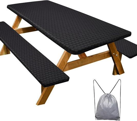 Picnic Table Cover with Bench Covers Camping Essentials Waterproof Windproof Camping Tablecloth with Drawstring Bag, Fitted Rectangle Tables and Seats, 60in, Black