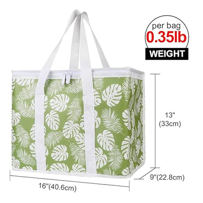 Bodaon 3-Pack Insulated Reusable Grocery Shopping Bags, X-Large Picnic Cooler Bag with Zipper Zippered Top Cold, Green-Leaf