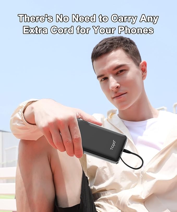 TG90° Portable Charger with Cords 10000mAh Power Bank with Built in Cables Battery Backup Cell Phone External Battery Pack Compatible with iPhone 17 16 15 14 13 12 Samsung S22 S21 Google iPad