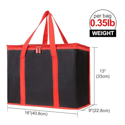 Bodaon 1-Pack Insulated Reusable Grocery Shopping Bags, X-Large Picnic Cooler Bag with Zipper Zippered Top Cold, Insulated Food/Pizza Delivery Bag (Black-Red Edge)