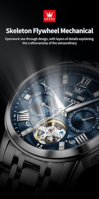 OLEVS Mens Automatic Watches Gold Luxury Diamond Dress Self Winding Mechanical Skeleton Tourbillon Stainless Steel Wrist Watch