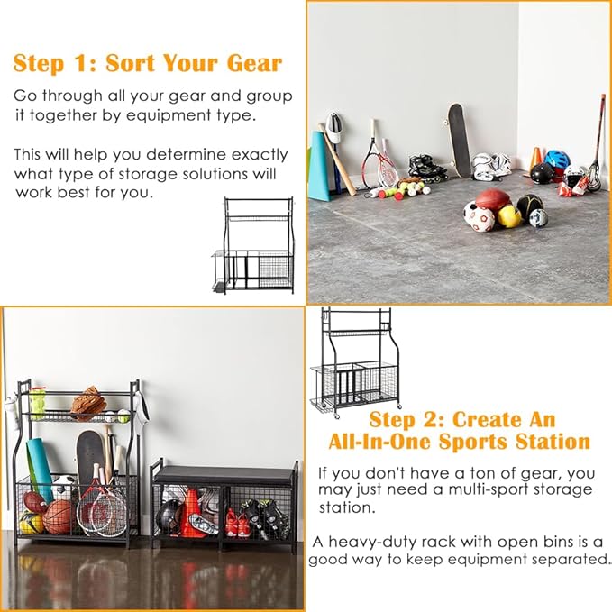 Snail Garage Sports Equipment Storage Organizer Sports Ball Storage Rolling Cart with Basket and Hooks Lockable Sports Ball Cage Storage Rack for Garages, Playgroup, Gym and Schools, Black