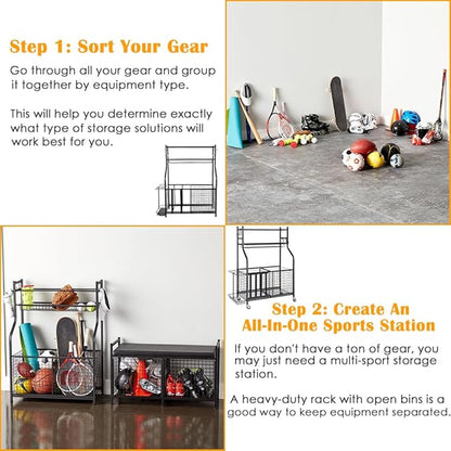 Snail Garage Sports Equipment Storage Organizer Sports Ball Storage Rolling Cart with Basket and Hooks Lockable Sports Ball Cage Storage Rack for Garages, Playgroup, Gym and Schools, Black