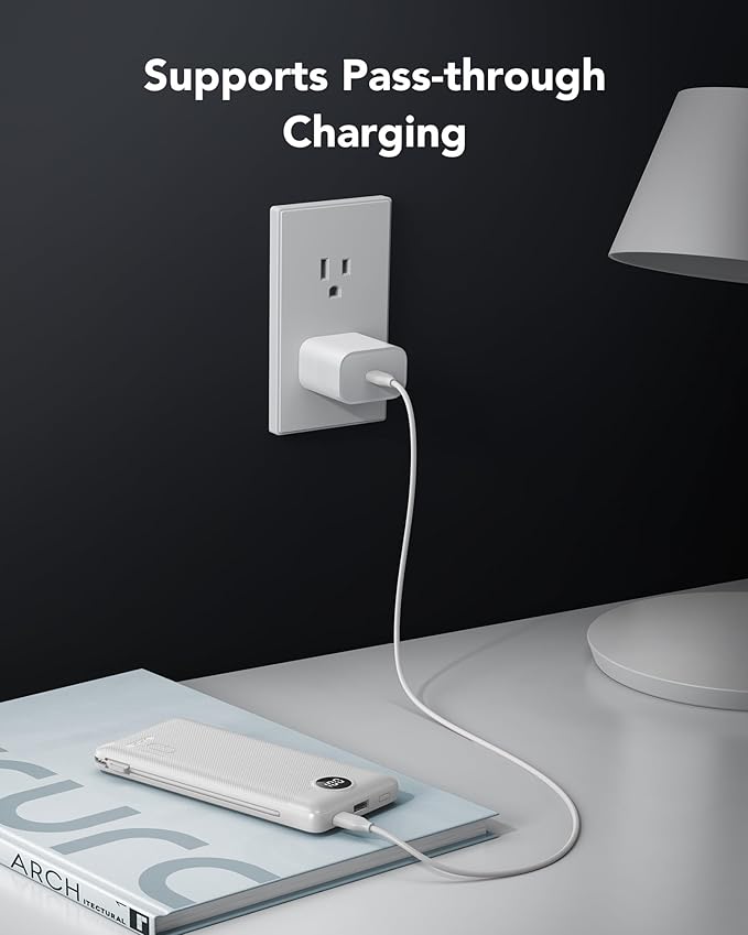 VRURC Portable Charger 10000mAh, Slim Portable Charger with Wall Plug, 22.5W USB Port Fast Charging Power Bank with Cables, 4 Outputs 2 Inputs Travel Essentials Battery for Smartphones-White (1 Pack)