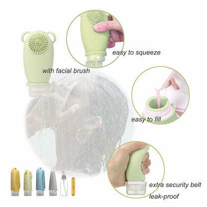 Squeezable Silicone Travel Bottles for Toiletry Leakproof TSA Approved Travel Size Container Multi-functional Travel Essentials with Facial Brush Body Scrub Scalp Massage