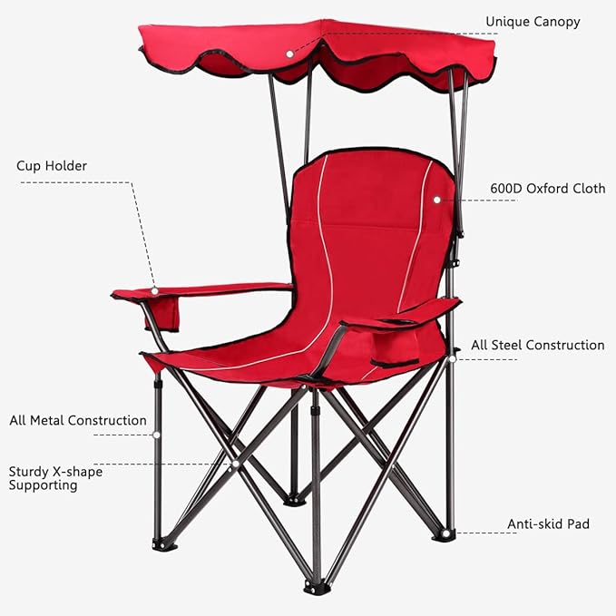 GYMAX Camping Chair, Folding Outdoor Lawn Chair with Canopy, Carry Bag & Cup Holder, Portable Heavy Duty Camp Chair for Outside Travel, Picnic, Beach Soccer Chairs