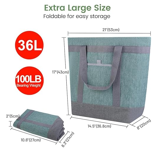 Insulated Reusable Tote Bag for Grocery Shopping for Women/Men, Waterproof Cooler Bags for Travel/Beach/Picnic, Pizza/Food Delivery Bag to Keep Food Cold/Hot for Doordash (Oxford Cloth, Green)