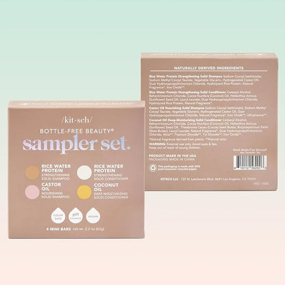 Kitsch 4pc Sampler Solid Shampoo and Conditioner Set - Rice Bar & Castor Oil Shampoo and Rice Bar & Coconut Oil Deep-Moisturizing Hair Conditioner, Zero Waste