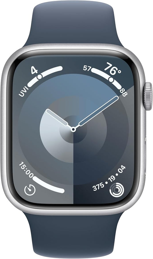 Apple Watch Series 9 [GPS + Cellular 45mm] Silver Aluminum Case with Storm Blue Sport Band S/M (Renewed)