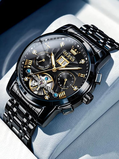 OLEVS Mens Automatic Watches Gold Luxury Diamond Dress Self Winding Mechanical Skeleton Tourbillon Stainless Steel Wrist Watch