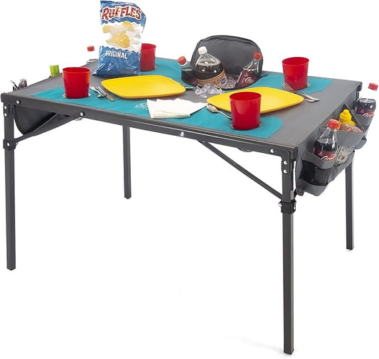 Creative Outdoors Folding Table with Built-in Cooler - Outdoor Portable Camping Table with 4 Cup Holders and Durable Steel Frame - Quality Material (Teal/Gray)