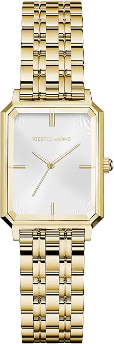 Roberto Marino RM1982 Women’s Luxury Watch Rectangular Gold – Japanese Quartz Movement, Vintage Stainless Steel Design, Silver Dial, Elegant Dress Timepiece, 3ATM Water Resistant – Reloj para Mujer