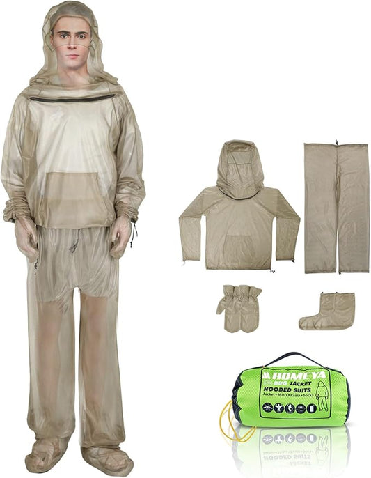 4-Piece Net Suit L/XL, Full Body Jacket with Zippered Hood, Pants, Gloves & Foot Covers, Thickened Breathable Mesh, Adjustable Fit for Men & Women, Lightweight for Outdoor, Camping, Fishing &Gardening