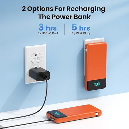 Portable Charger for iPhone with Built in Cables and Wall Plug,Upgraded 13800mAh Fast Charging USB C Power Bank,4 Outputs Travel Essential Battery Pack Compatible with iPhone 15/14/13,Android-Orange