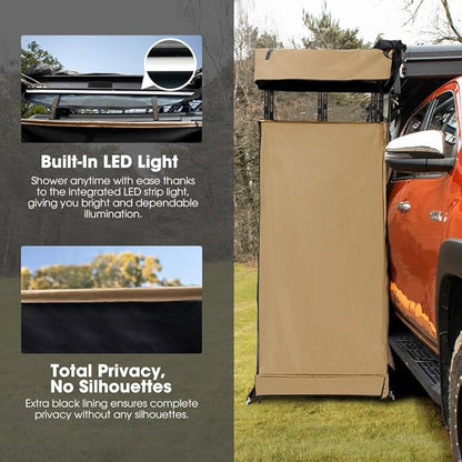 SanHima Awning Shower Tent with Roof - Car Side Shower Room w/LED Light, Camping Waterproof Portable Privacy Shelter Bathroom Overland, Khaki