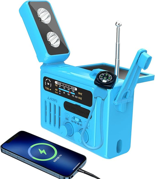 Solar Hand Crank Emergency Radio,NOAA/AM/FM with LED Flashlight & Reading Lamp,USB Type-C/Solar/Hand Crank Charging,Bluetooth Speaker,SOS Alarm&Compass for Camping Indoor Outdoor Emergencies