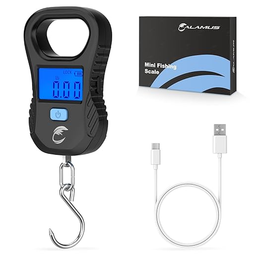 Calamus Lightweight Fish Scale, Rechargeable Digital Scale with USB Cable, 55lb Capacity, Multi-Units Pound/Ounces & Kilograms, High Accuracy, Backlight LCD Display, Fishing Gifts for Men
