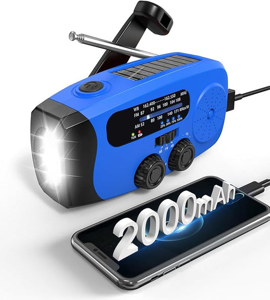 Emergency Hand Crank Radio Emgykit - 2000mAh/7400mWh AM/FM/NOAA Solar Hand Crank Emergency Radio with 3 LED Flashlights, SOS Function for Emergencies, Camping - Blue