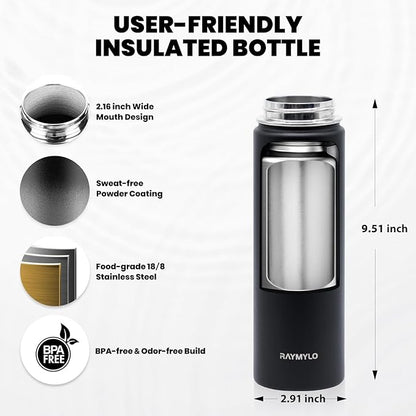Insulated Water Bottle 20 oz, Triple Wall Vacuum Stainless Steel (Cold for 48 Hrs), Leak Proof & Non-BPA, Kids Water Bottle Jug for School with Straw Spout Lids, Magic Black