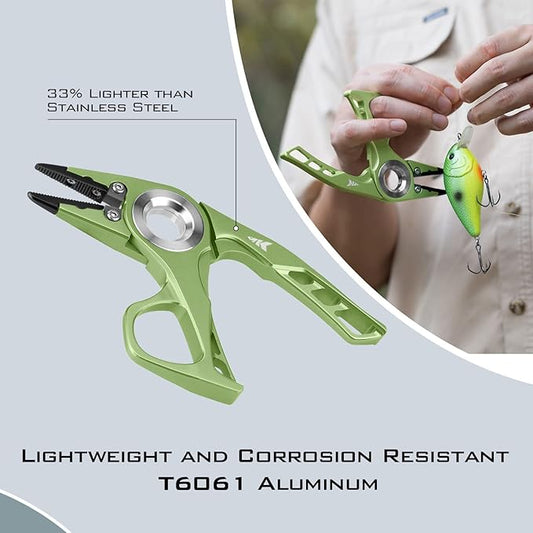 KastKing Micro Gila Fishing Pliers, Integrated Finger Hole, Aircraft Grade Aluminum, Fishing Tools, Saltwater Resistant Fishing Gear, Tungsten Carbide Cutters, Olive