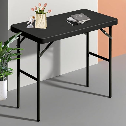 Folding Table 2.7ft Rectangular All-Occasion Plastic Folding Event Table for Indoor and Outdoor, Portable Desk, Camping, Durable and Stable, HDPE and Steel, Wide Application, Black