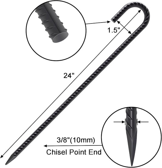 VVOKGO 24 Inches Rebar Stakes Heavy Duty J Hook, Curved Steel Plant Support Garden Stake with Chisel Point end, Hammer Through Hard Soil for Chain Link Fence and Gazebo - Black Coated 32pcs