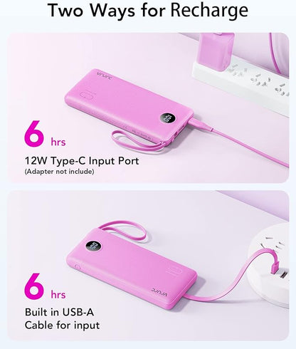 VRURC Portable Charger 10000mAh, Travel Essentials Battery Pack, 5 Output 2 Input Power Bank, Built-in Micro & USB C Cables Phone Charger Compatible with iPhone,Samsung,Android-Purple(1 Pack)