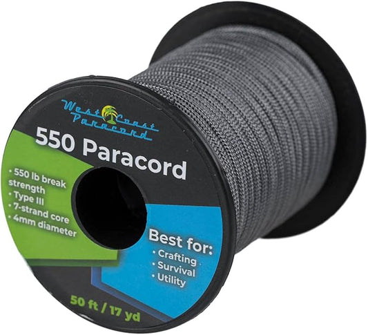 West Coast Paracord 100, 50 Feet 550 Lb. Paracord Parachute Rope Great for Outdoors Camping, Storage Kayak Utility Spool Many Colors
