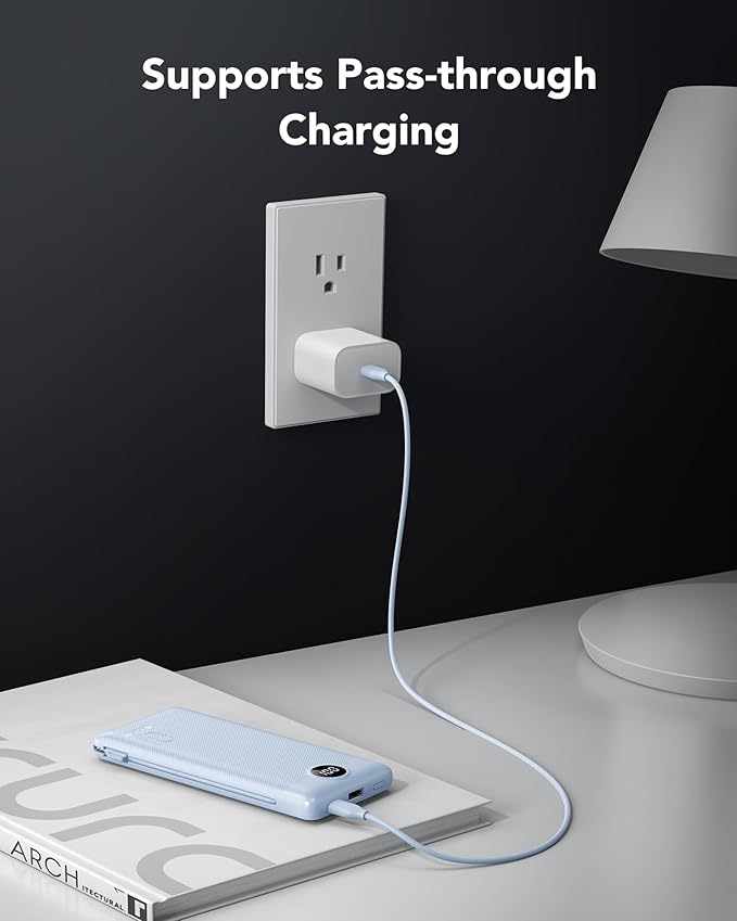 VRURC Portable Charger with Wall Plug and Cables, 10000mAh Power Bank with 22.5W Fast Charging USB Port,4 Outputs Dual Inputs Slim Compact Rechargeable Battery Pack Travel Accessories-Blue(1 Pack)