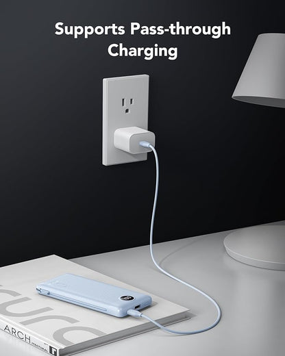 VRURC Portable Charger with Wall Plug and Cables, 10000mAh Power Bank with 22.5W Fast Charging USB Port,4 Outputs Dual Inputs Slim Compact Rechargeable Battery Pack Travel Accessories-Blue(1 Pack)