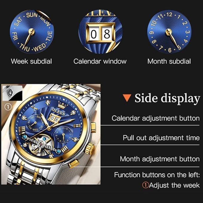 OLEVS Mens Automatic Watches Gold Luxury Diamond Dress Self Winding Mechanical Skeleton Tourbillon Stainless Steel Wrist Watch