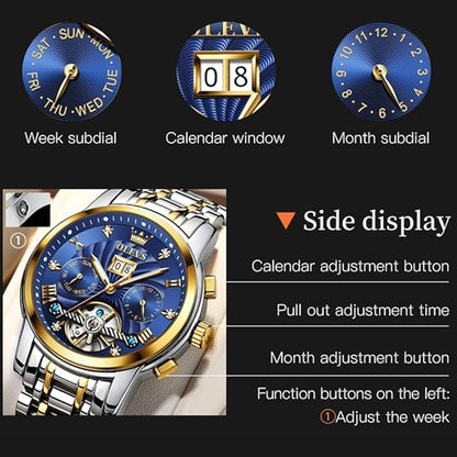 OLEVS Mens Automatic Watches Gold Luxury Diamond Dress Self Winding Mechanical Skeleton Tourbillon Stainless Steel Wrist Watch