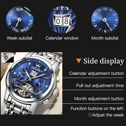 OLEVS Mens Automatic Watches Gold Luxury Diamond Dress Self Winding Mechanical Skeleton Tourbillon Stainless Steel Wrist Watch