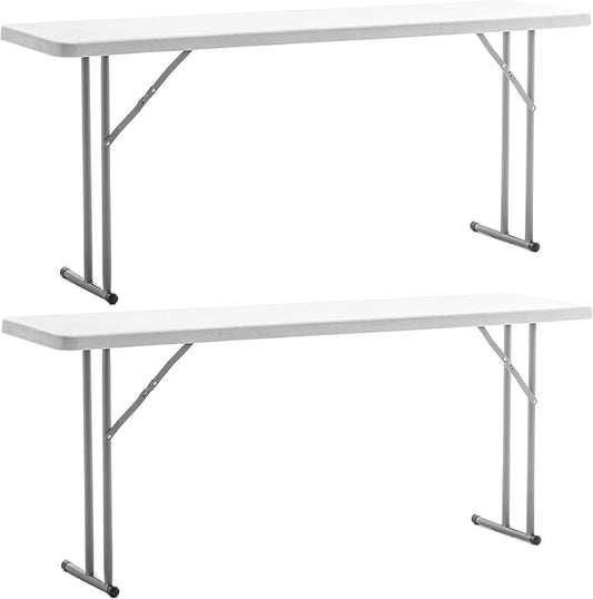 BTEXPERT 6-Foot - 72" Long White Granite Plastic Folding Seminar Training Table Portable 18" Wide Narrow, 29" High, Events Indoor Outdoor Lightweight Set of 2