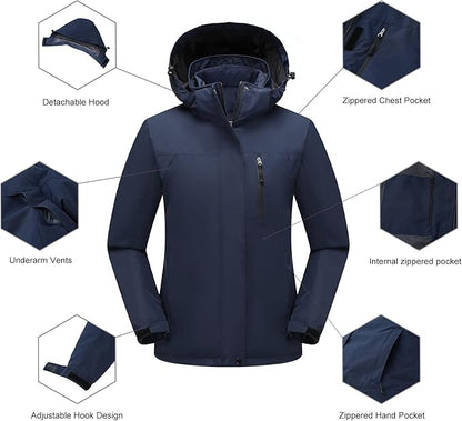 Women's 3 in 1 Ski Jacket Mountain Waterproof Windproof Winter Snow Coat Hike Snowboarding Jackets Hooded Warm Raincoat
