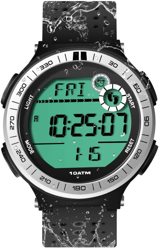 10 ATM Waterproof Sports Watch Pedometer for Men Boys Scuba Diving Watch with Lap Stopwatch and Alarm Clock Function, 12/24 Hour Format Selectable
